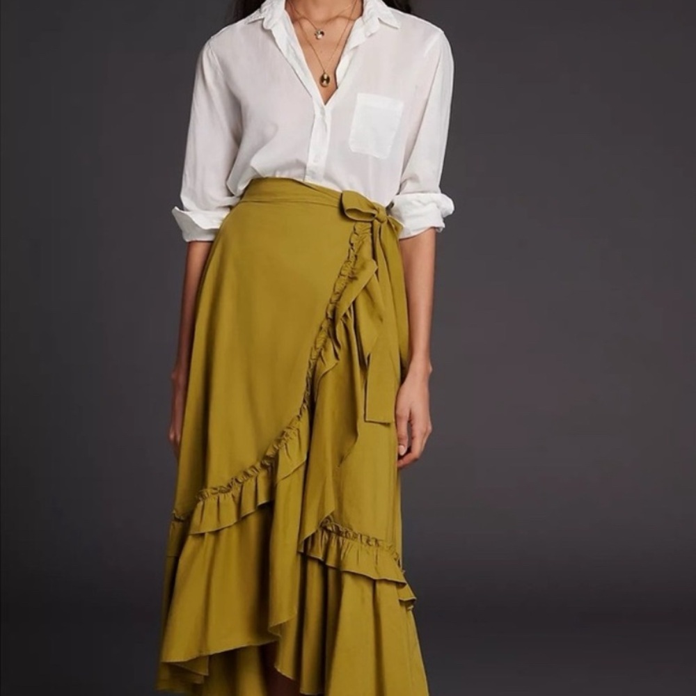 Anthropologie Mustard Ruffle Wrap Skirt